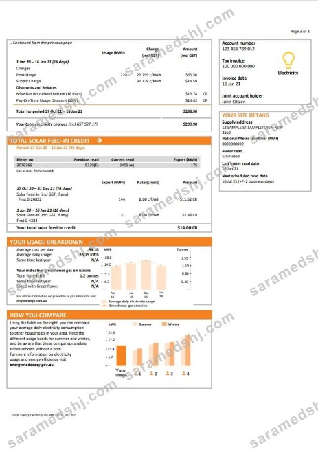 Australia New South Wales (NSW) Origin electricity utility bill template in Word and PDF format 3